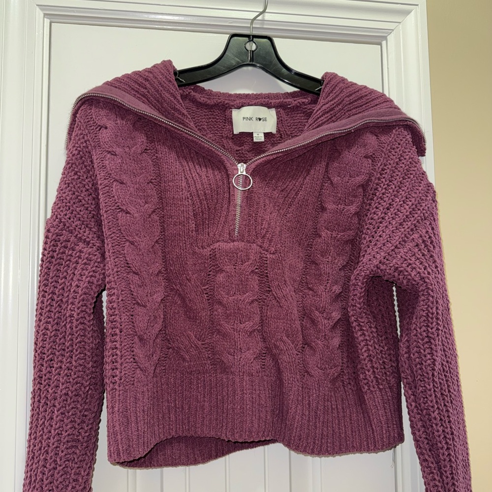 Mauve Cropped Knit Sweater Quarter Zip Jacket NWOT
